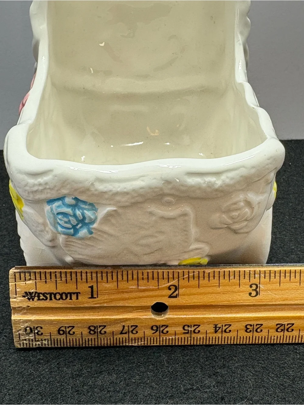 Glossy Ceramic Baby Carriage Planter in White with Pink, Blue & Yellow Accents